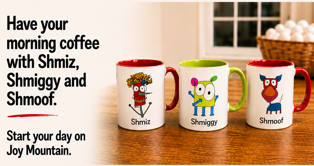 Have your morning coffee with Shmiz, Shmiggy and Shmoof. Start your day on Joy Mountain.