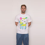 Steve wearing the Shmiggy T-shirt, full length