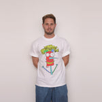 Steve wearing the Shmiz T-shirt, full length